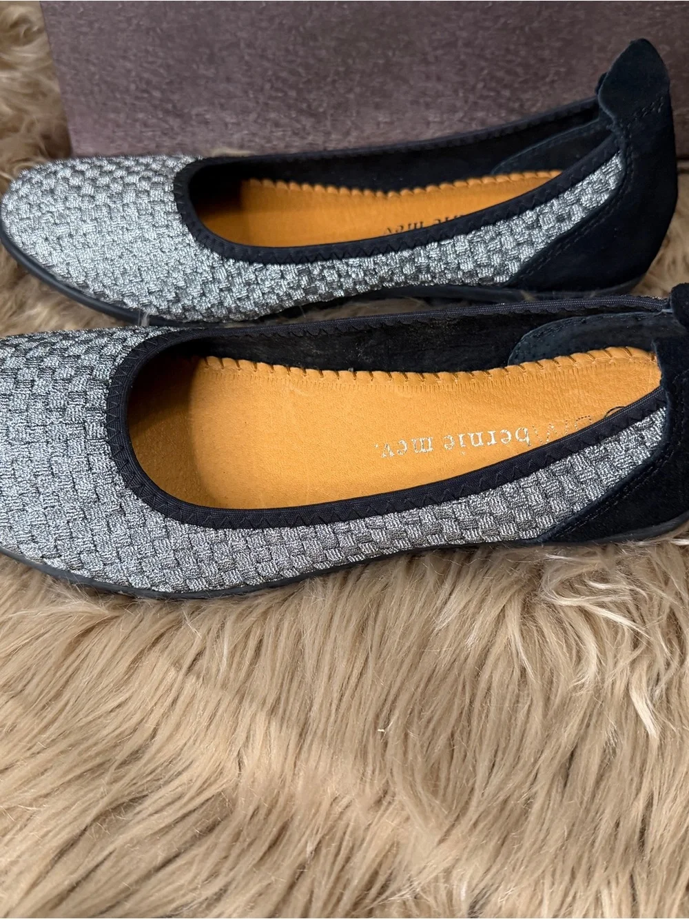 bernie mev. Hazel- Silver Gray Woven Ballet Flats with Black Traction bottom, 8